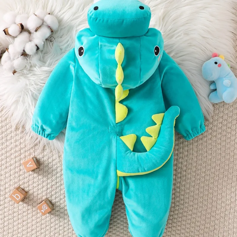 Cute Dinosaur Hooded Fleece Romper for Newborn Infant Toddler Yellow Belly White Teeth Zip Up Jumpsuit Cosplay Costume Outfit
