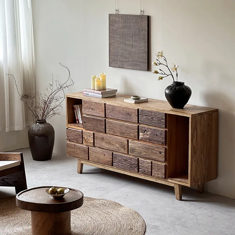 

Wabi-**** wind bucket cabinet solid wood side cabinet designer retro homestay entrance cabinet elm living room medieval