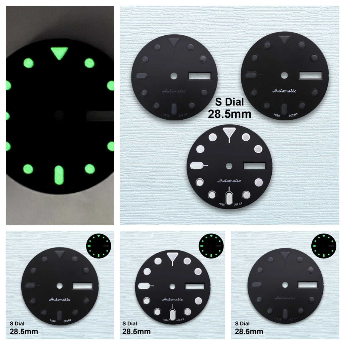 

28.5mm S 5 Logo SKX007 Black Dial Suitable for NH36/4R36 Movement Green Luminous Dual Calendar Watch Modification Accessories