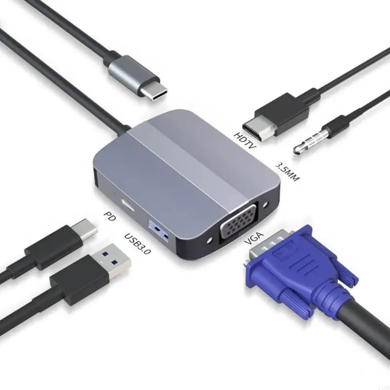 Адаптер USB C 5 в 1 Многофункциональный адаптер HDTV 3,5 мм VGA USB3.0 для передачи данных F19E
