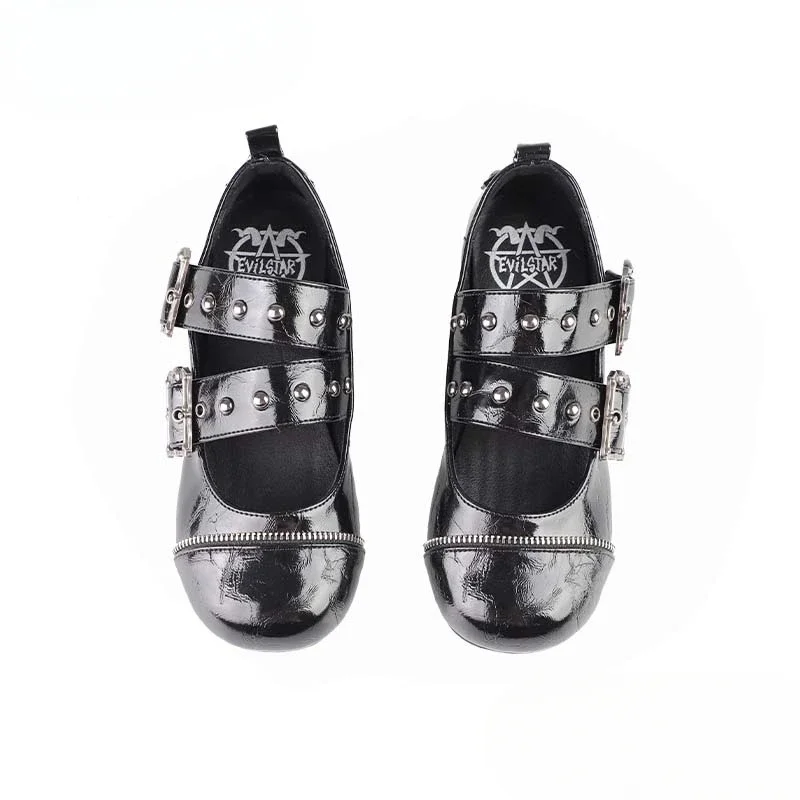 Fashion Lolita Punk Subculture Low Heel Women's Shoes Metal Punk Round Head Casual Leather Shoes