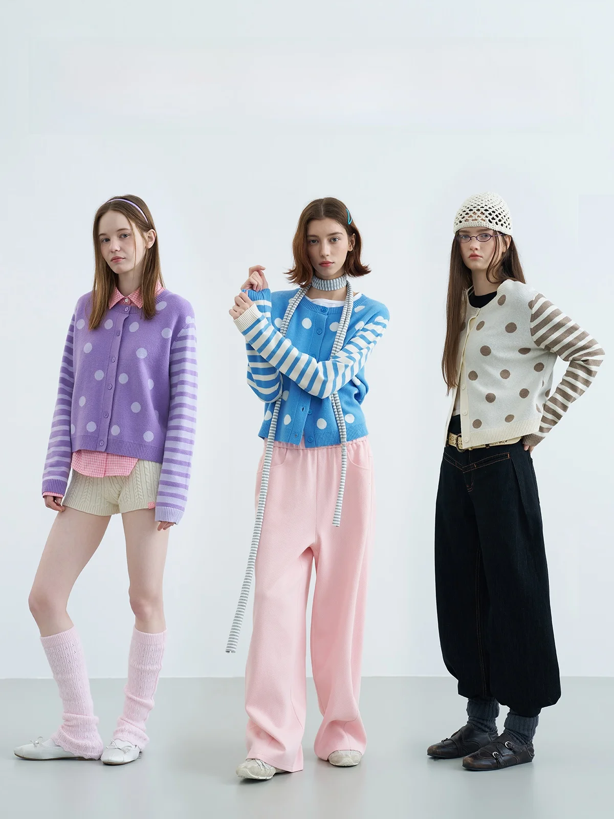 

Riverstone plus Sweet Wave Dot Splice Color Blo Полосатый круглый Ne Женский вязаный открытый кардиган Свитер Мягкая весенняя мода