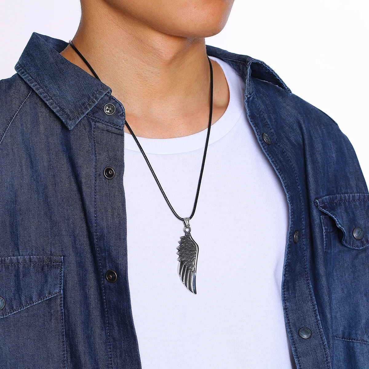 Men Pendant Necklaces, Gothic Vintage Angel Wings Feather Pendant Stainless Steel Necklaces. Man Jewely