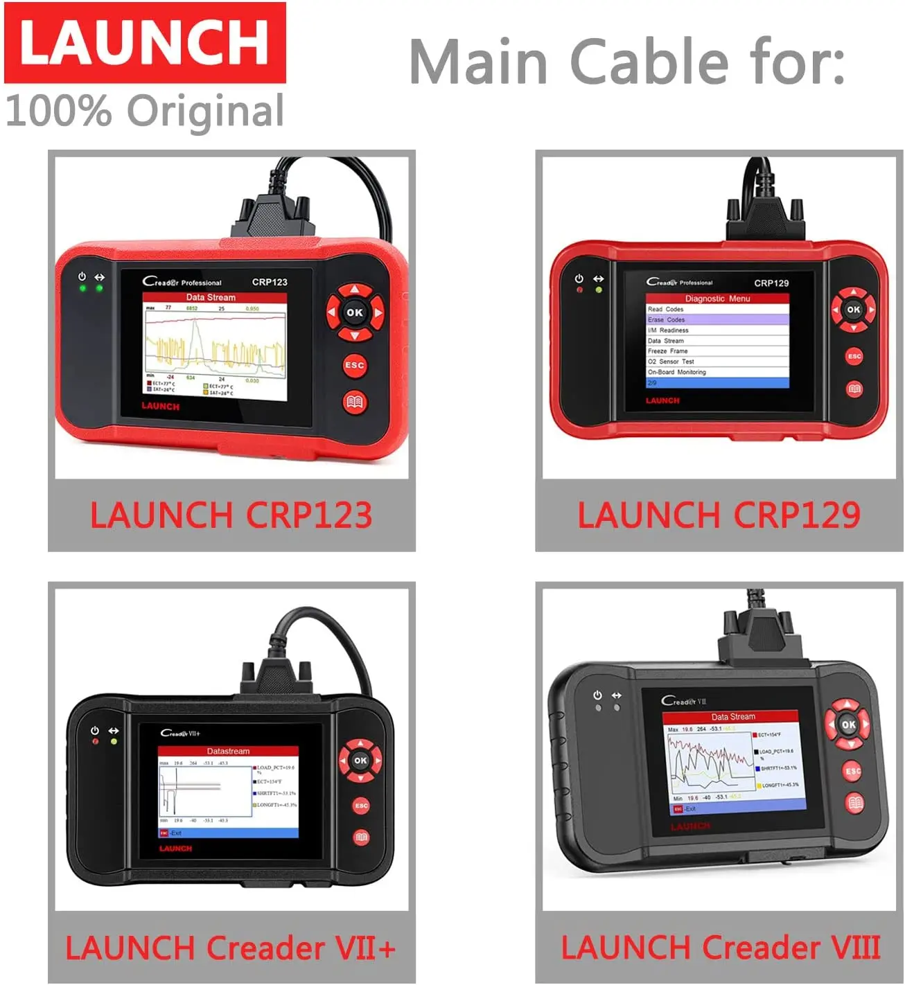 Launch 100% Original Main Cable for Creader VII+,VIII, Creader CRP123/123E/123X/CRP129/CRP229 Main Cable