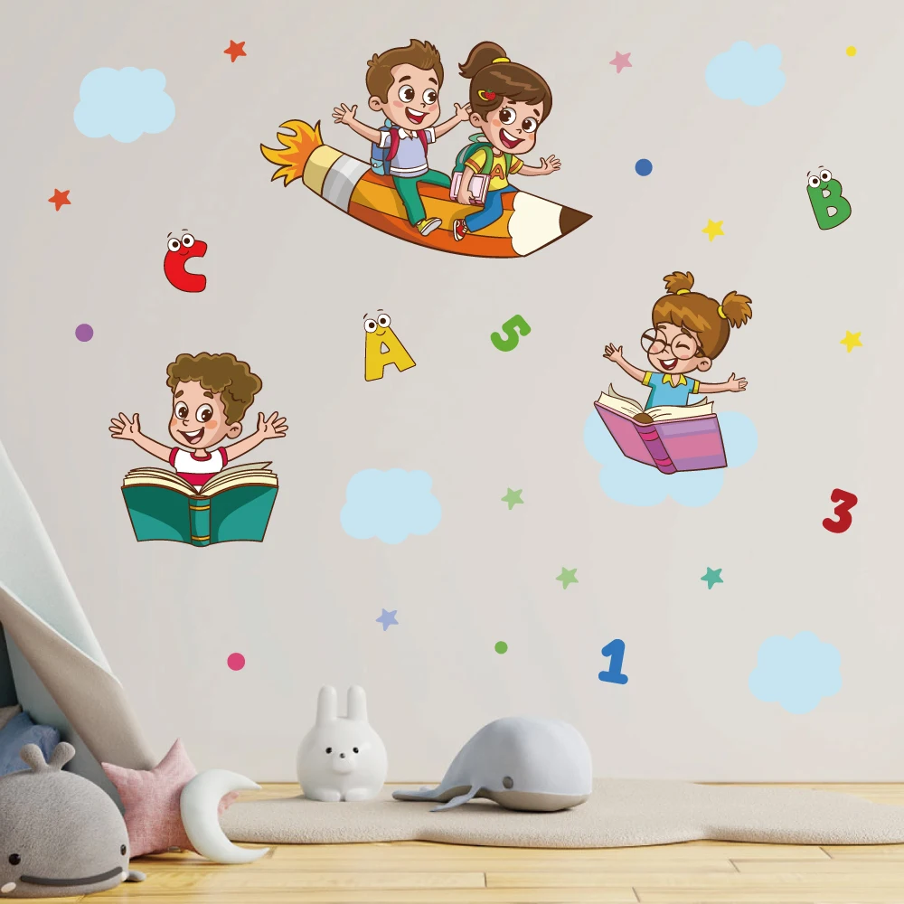 

cartoon baby reading book wall sticker for kids room self adhesive classroom pencil wall decal