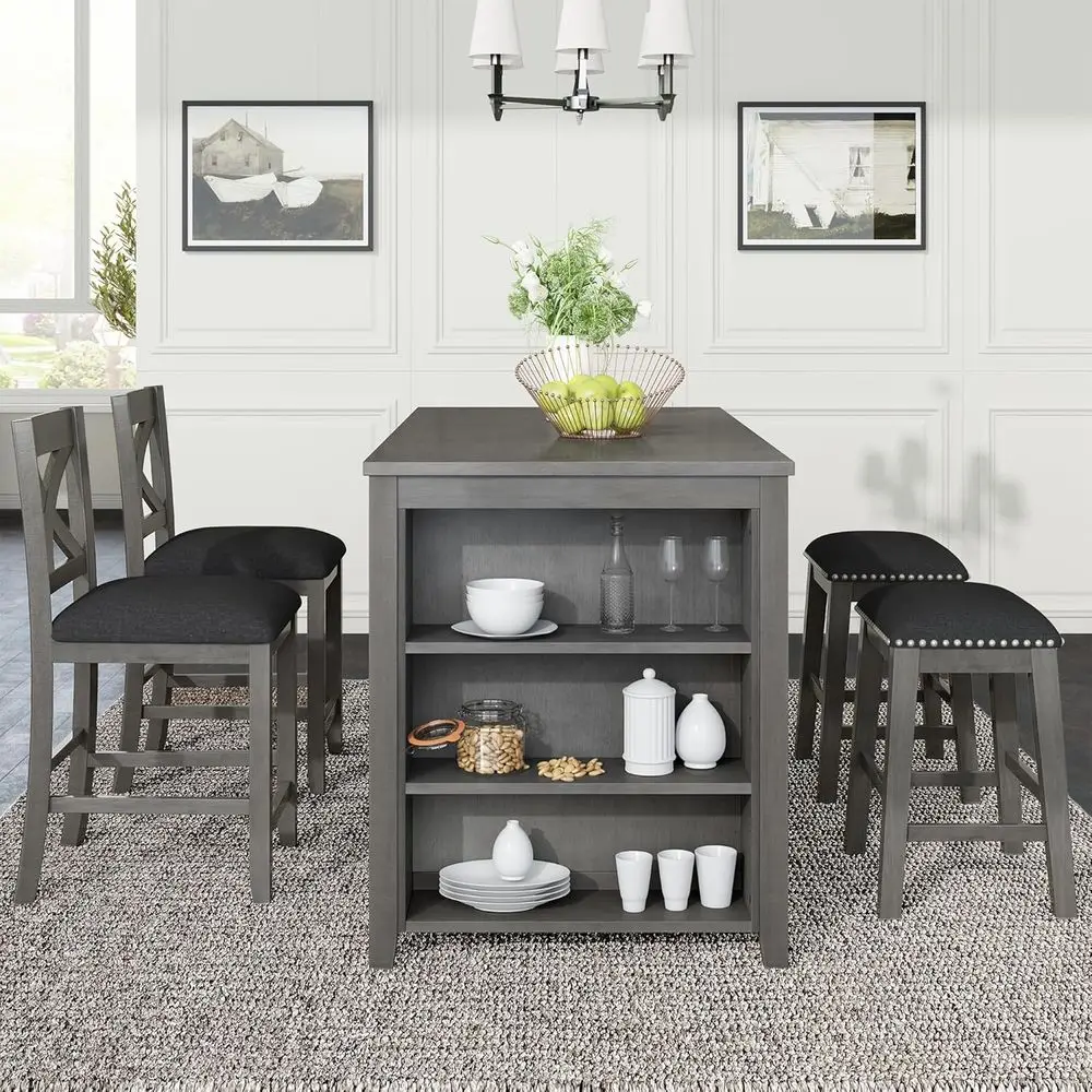

5-Piece Counter Height Wooden Bar Table Set with 3-Tier Storage, 2 Stools and 2 Chairs, Compact Pub Table for Small Kitchen or D