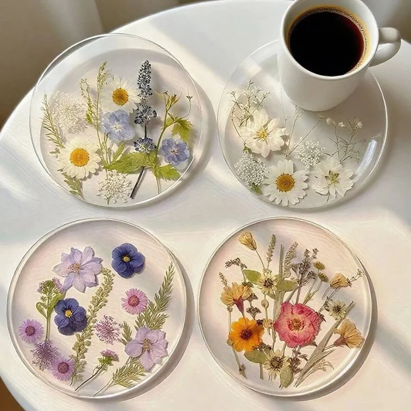 4Pcs 2D Printed Coaster Decoration Ornament, Transparent Acrylic Flower Circular Decoration