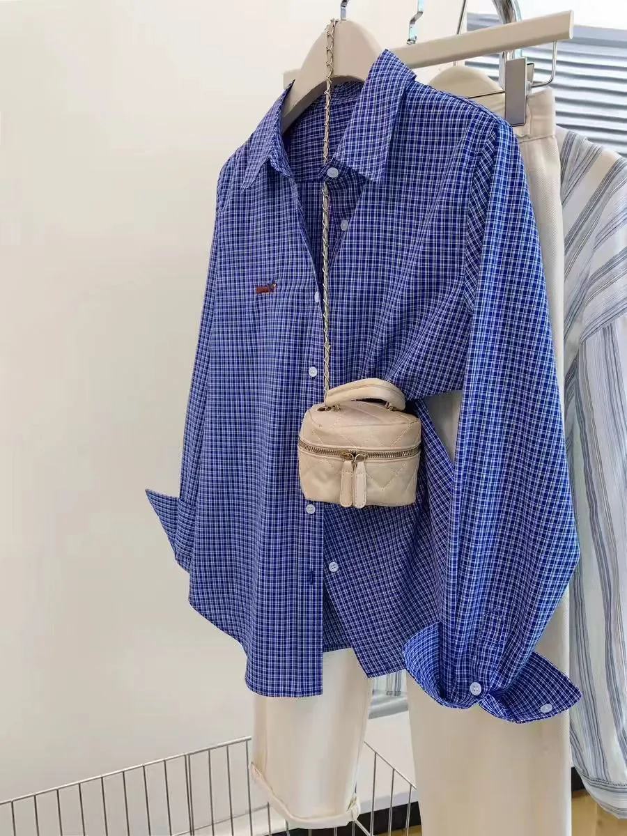 

Blue Plaid Long Sve irt Jaet Women's Spring Autumn Layering Loose Small Size oulder irt 2026 New Top Casual Sle