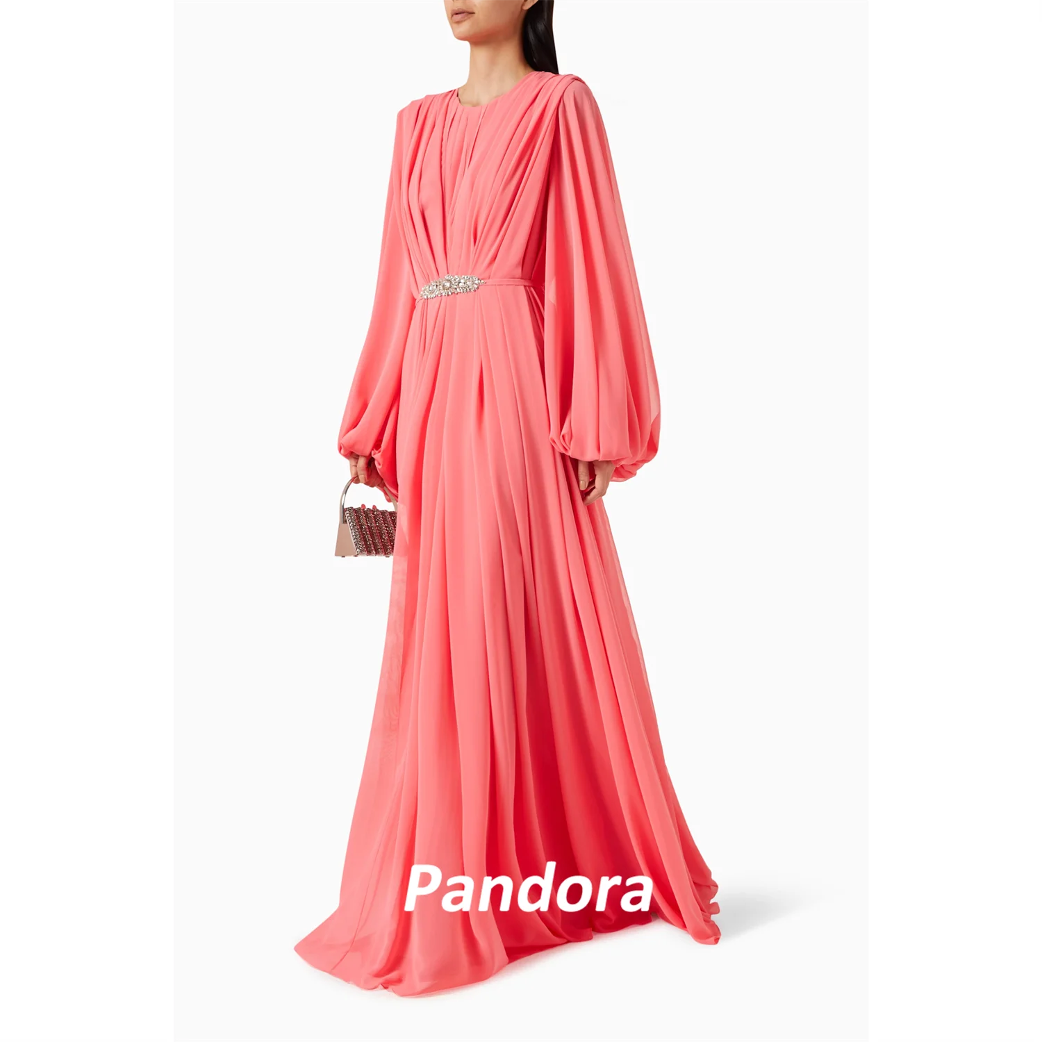 

Pandora Lightcoral A-Line Crystal Belt O Neck Prom Dress Pleated Chiffon Evening Summer Elegant Party Dress For Women 2024