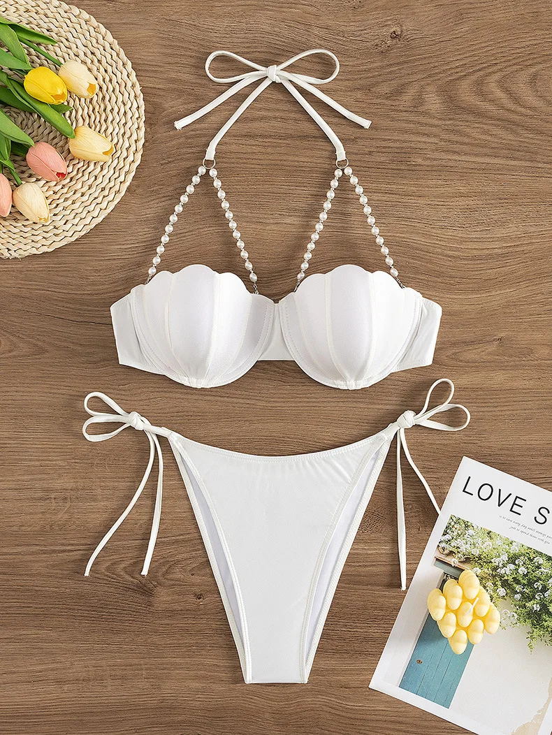 Conjunto de Bikini con tirantes de perlas para mujer, traje de baño Sexy blanco con realce y lazo lateral, Tanga, traje de baño de verano 2025, Bikini