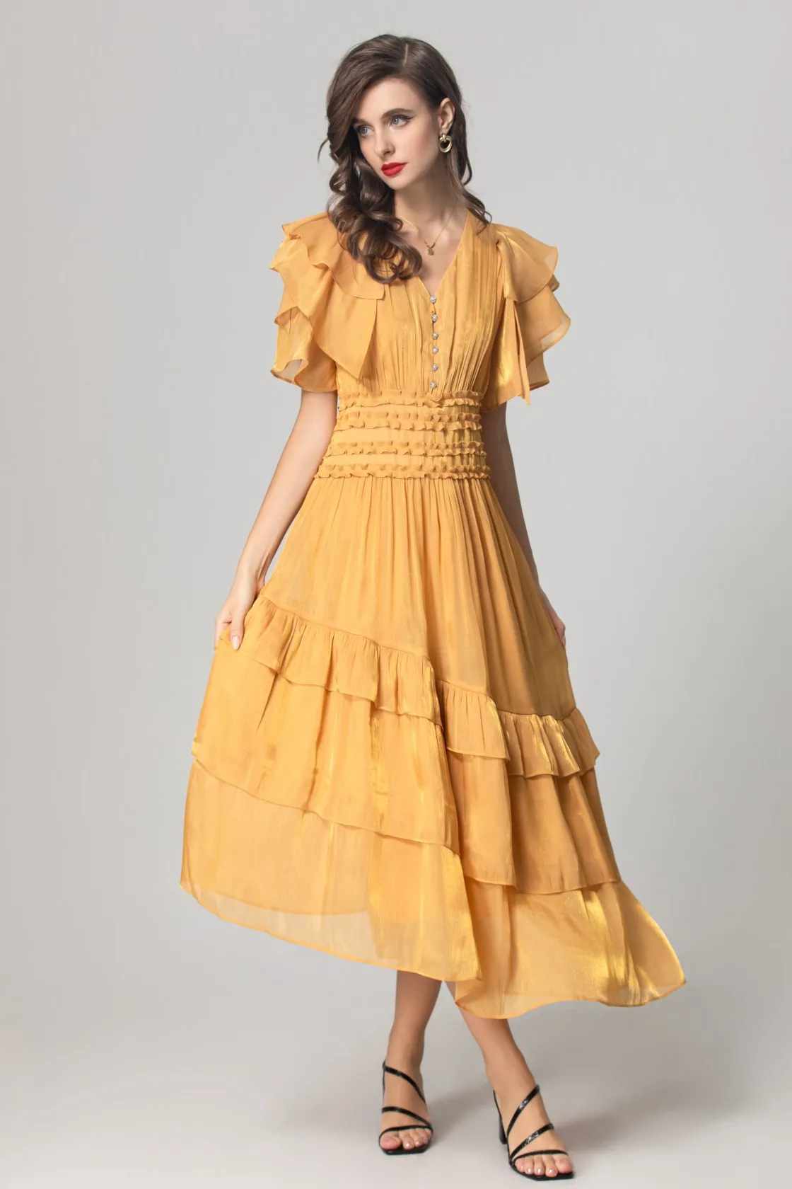 فساتين نسائية مثيرة بياقة على شكل V وأكمام قصيرة وخصر مطاطي وكشكشة متدرجة غير متماثلة أنيقة غير رسمية