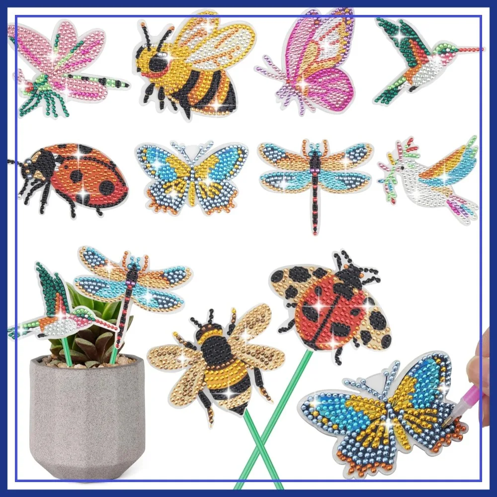 

10PCS Diamond Art Kits for Garden Decor with Butterfly, Hummingbird, Ladybug, Bee, Dragonfly Stakes, Outdoor Yard Crafts