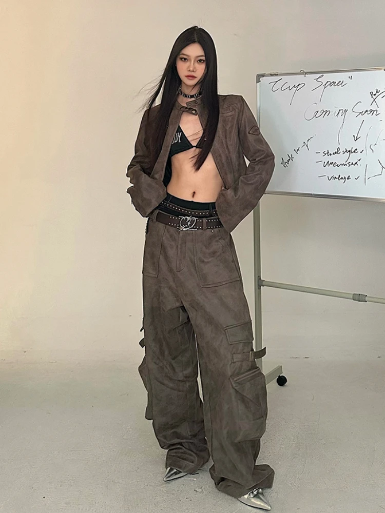 QWEEK Y2K Vintage Brown Cargo Pants Women Streetwear Hippie Punk Faux Suede Leather Bomber Jacket Harajuku Grunge Two Piece Sets