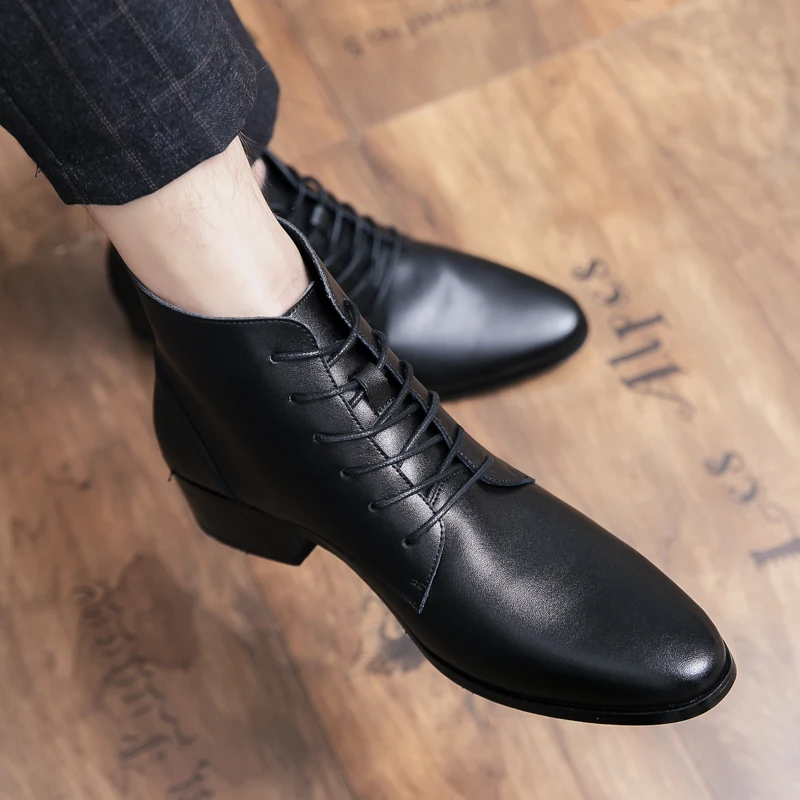 Men Leather Ankle Boots Round Toe Lace-up Fashion Business Boots