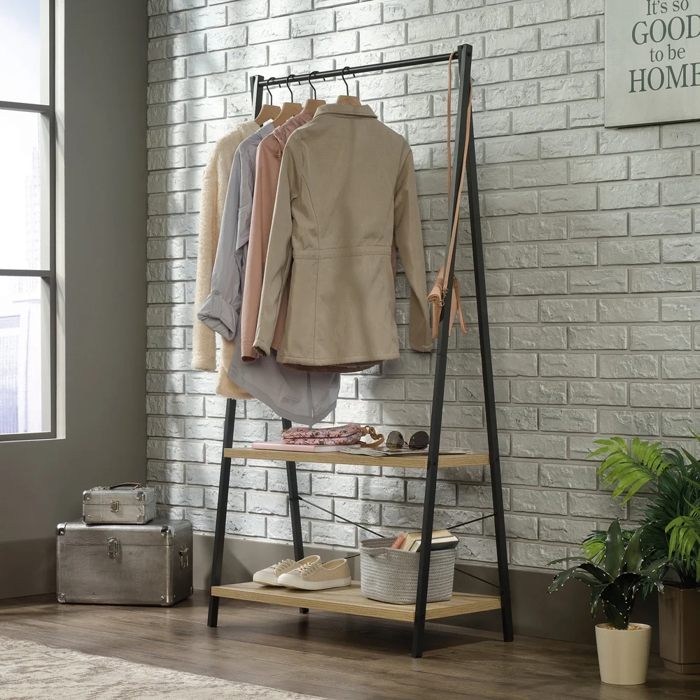 

Hall Tree Clothing Rack Storage Organizer with Sturdy Shelves Durable Metal Frame Coats Shoes Accessories in Charter Oak Finish