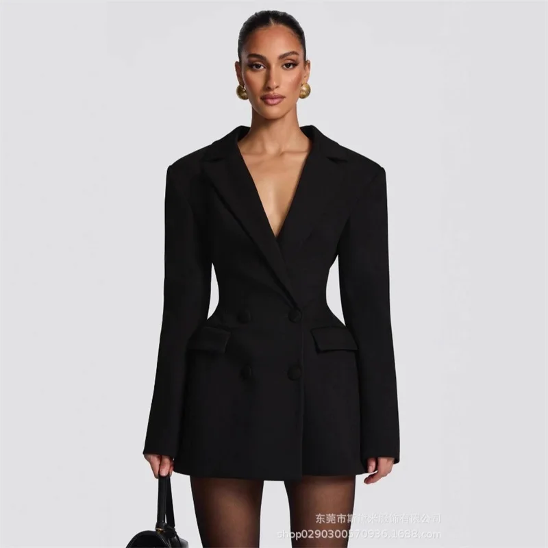 

​​2025 New Black Women Double Breasted Blazer Elegant Belted Office Dress with Gold Buttons Slim Fit Trench Style Blazer