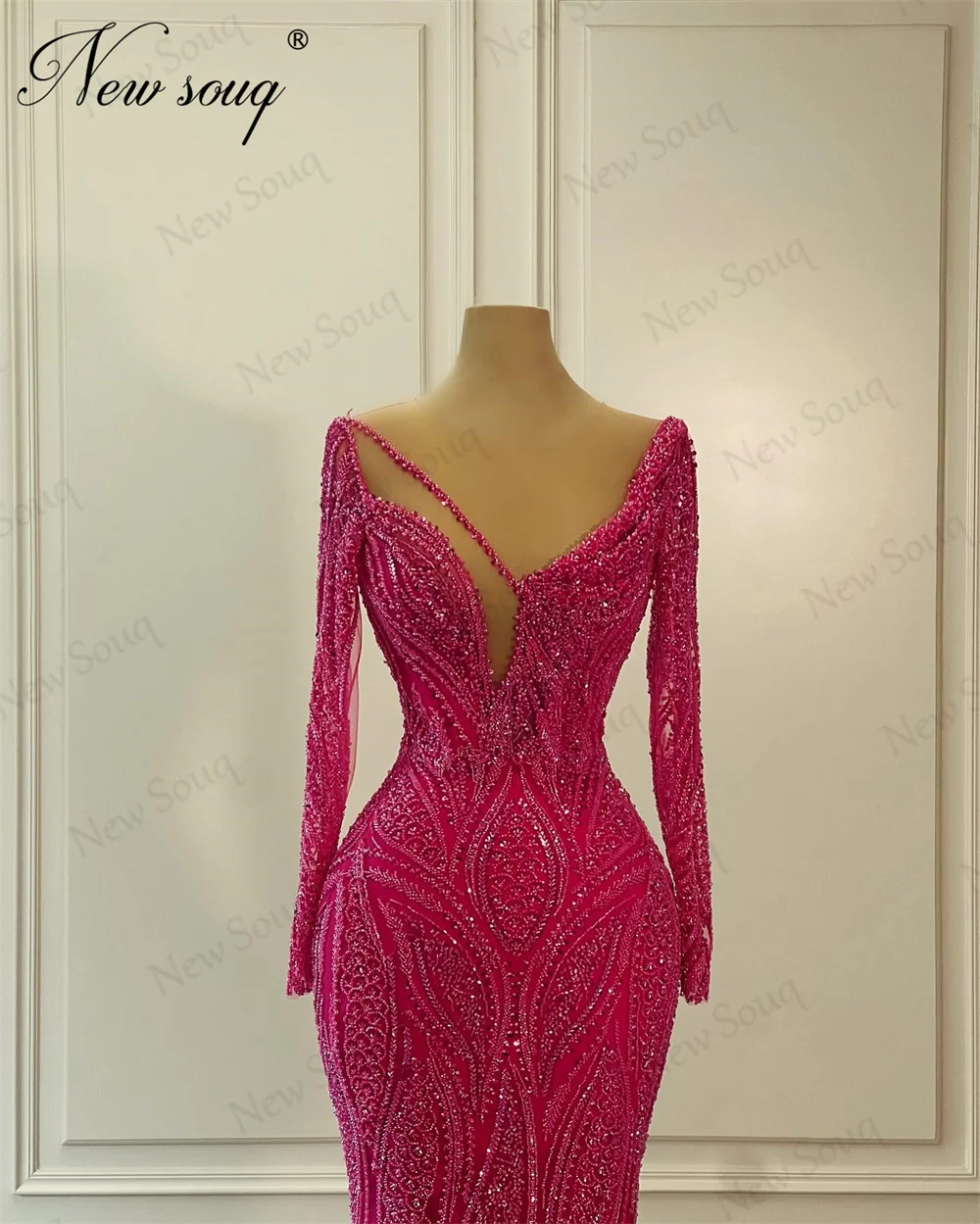 Fuchsia Long Sleeves Evening Dresses Robes De Soiree 2024 Luxury Dubai Mermaid Sequins Prom Dress Custom Made Arabic Party Gowns