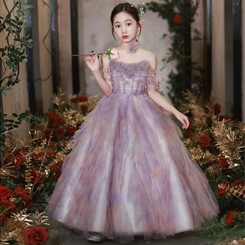 2024 Girl Summer Princess Dresses Elegant Luxurious Long Evening Dress Host Performance Children Costumes Teenager Gala Clothing