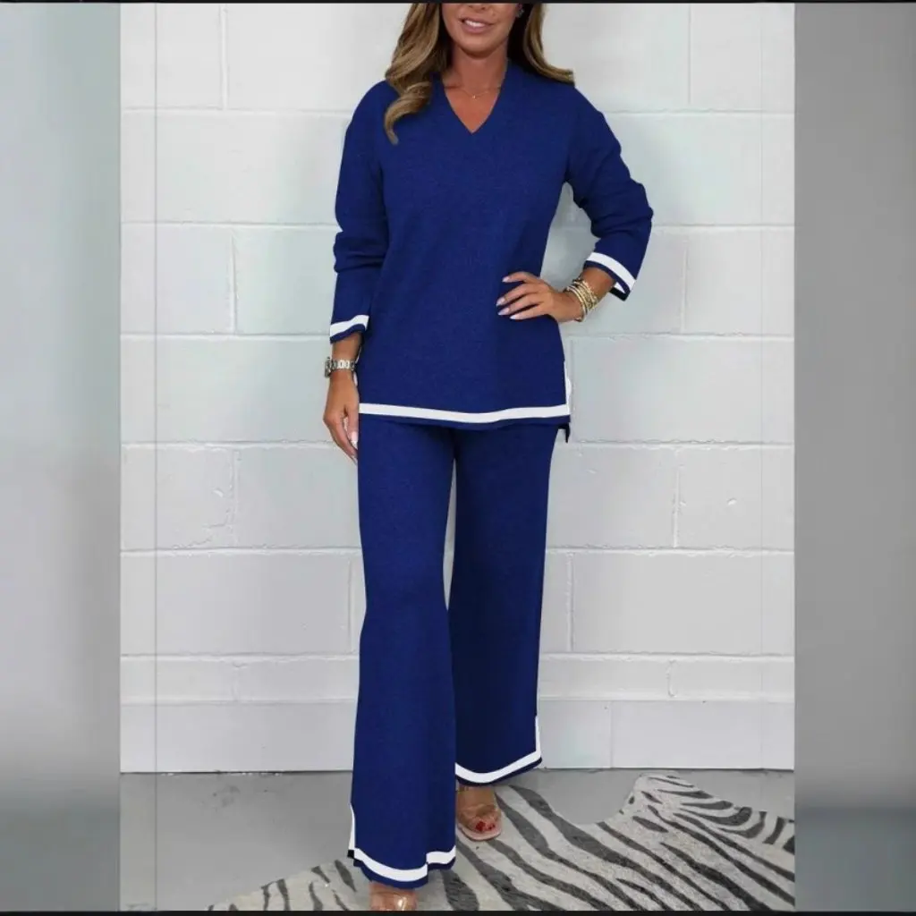 Traje de pantalones de punto de otoño e invierno para mujer, conjunto superior e inferior de manga larga con temperamento informal de Color sólido para estación independiente