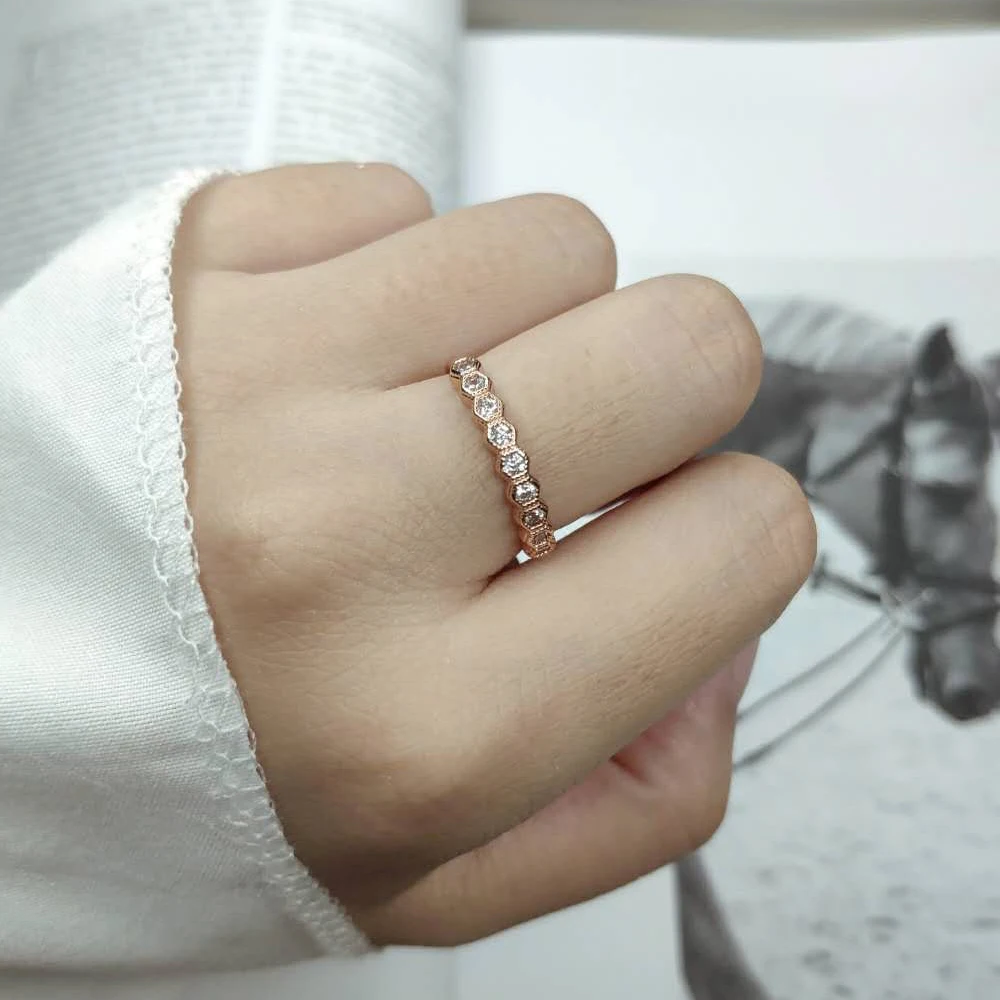ZHOUYANG Dainty Ring For Women Girls Simple Geometric Hexagone Zircon Rose Gold Color Daily Gift Fashion Jewelry R919