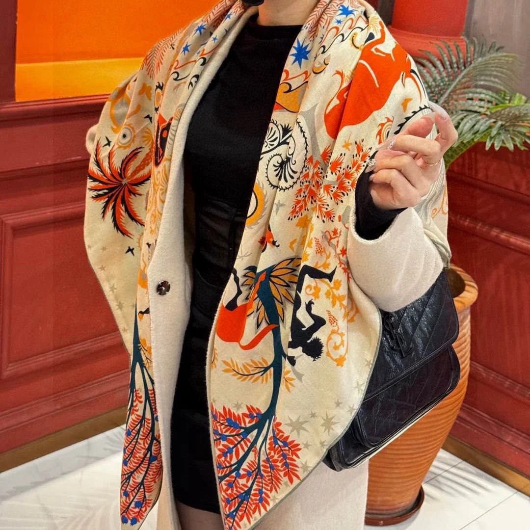 

Осенне-зимняя мода, роскошный изысканный праздничный подарок, шелковый шарф, шаль, шарф с лесным принтом, двусторонний кашемировый теплый шарф