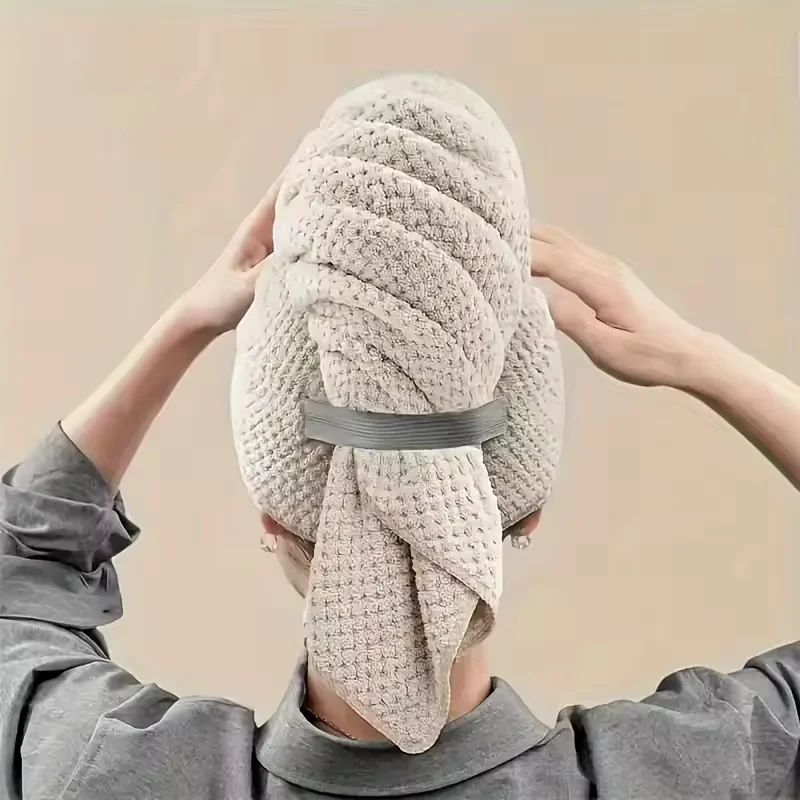 Large Hair Drying Towel Solid Color Water Absorbent Microfiber Wrap with Elastic Strap Soft Quick Drying Towel for Hair