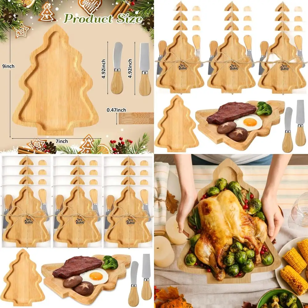 

Set of 12 Bamboo Christmas Tree Cutting Boards with Cheese Knives, Bulk Charcuterie Boards for Holiday Parties and Kitchen Use