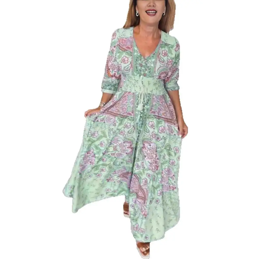 Ele Summer Floral Long Dr con orlo ampio elastico in vita regolare Sve lunghezza cinque quarti Businwear Dr