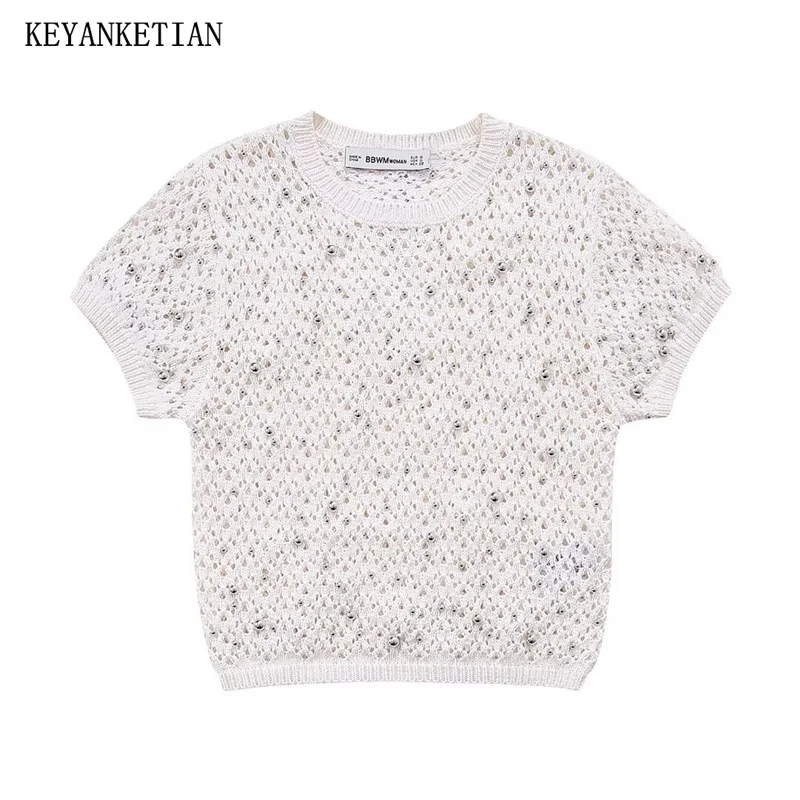 

KEYANKETIAN 2024 New Launch Women's Beaded Metal Decoration Short-sleeved Pullover Sweater Street style O-Neck Slim Knitted Top