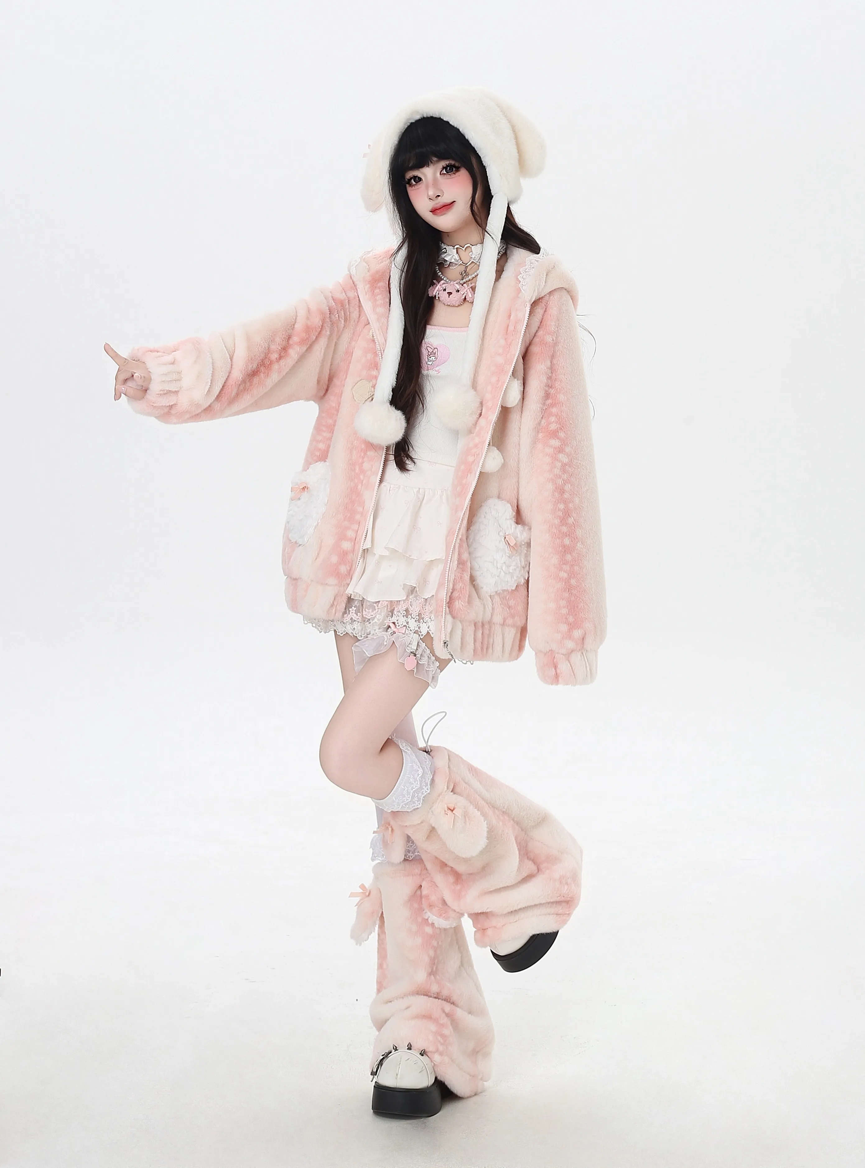 2025 الشتاء عيد الميلاد الحلو لطيف الغزلان مقنعين سترة القلب جيب فضفاض عادية سستة أفخم سترات معطف للنساء مع جوارب السيقان #4