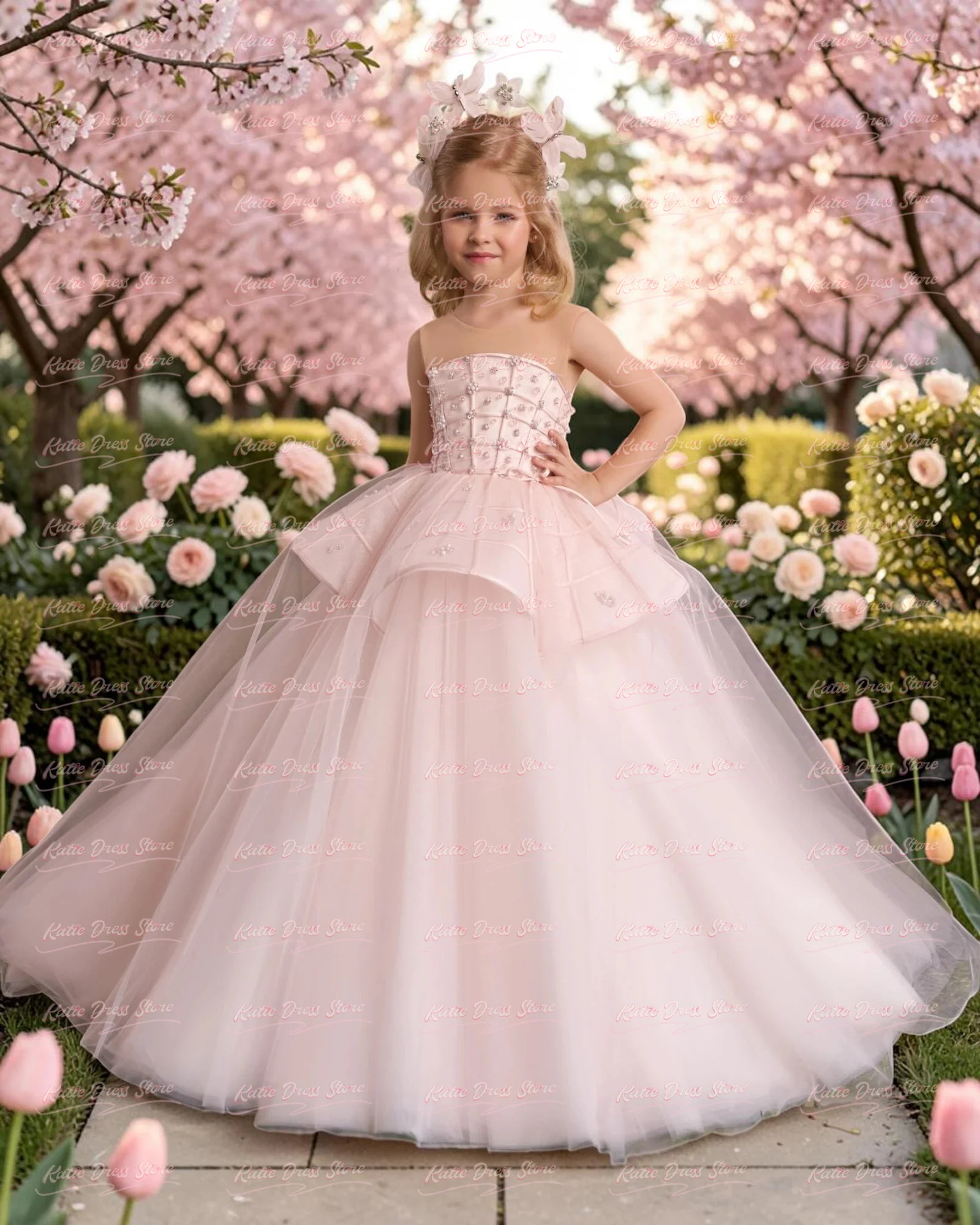 Light Pink Tulle Puffy Flower Girl Dress For Wedding Pearls Sleeveless Kids Birthday Party First Communion Ball Gowns Custom