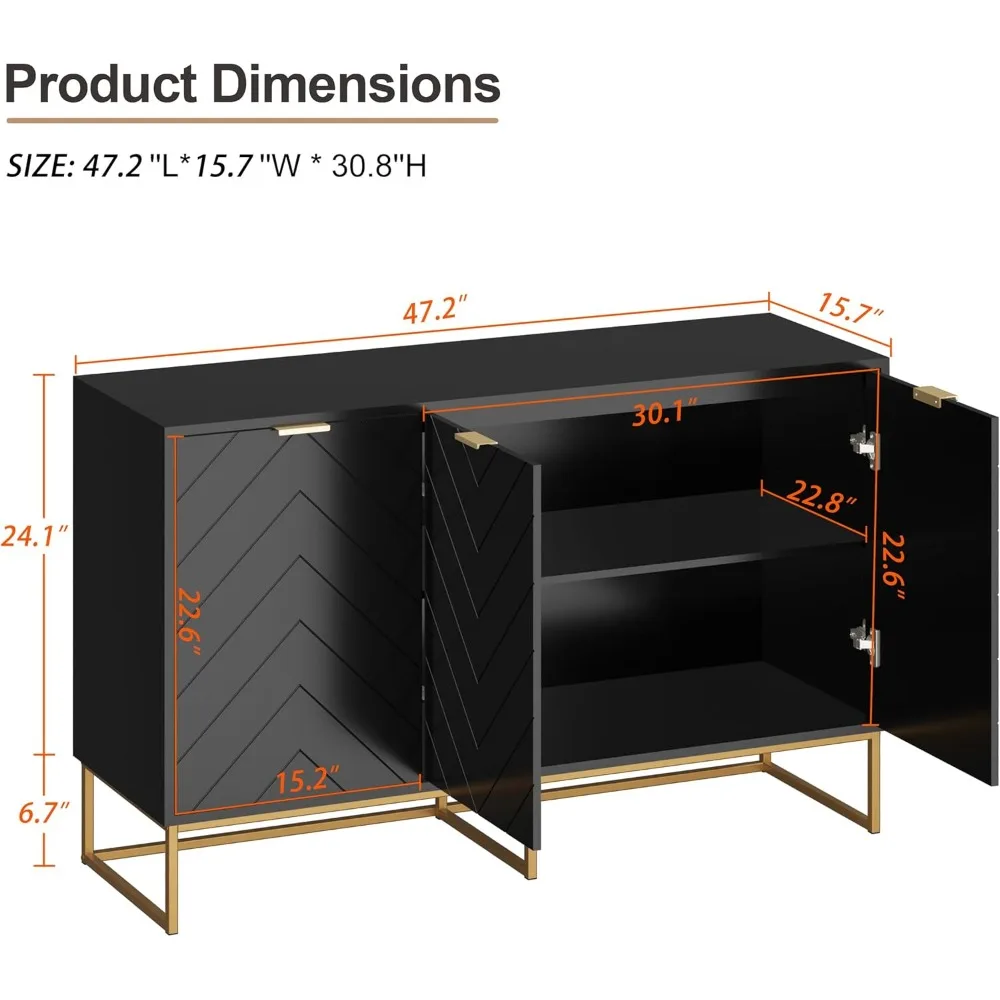 خزانة بوفيه سوداء بثلاثة أبواب مع رف قابل للتعديل للتخزين #2