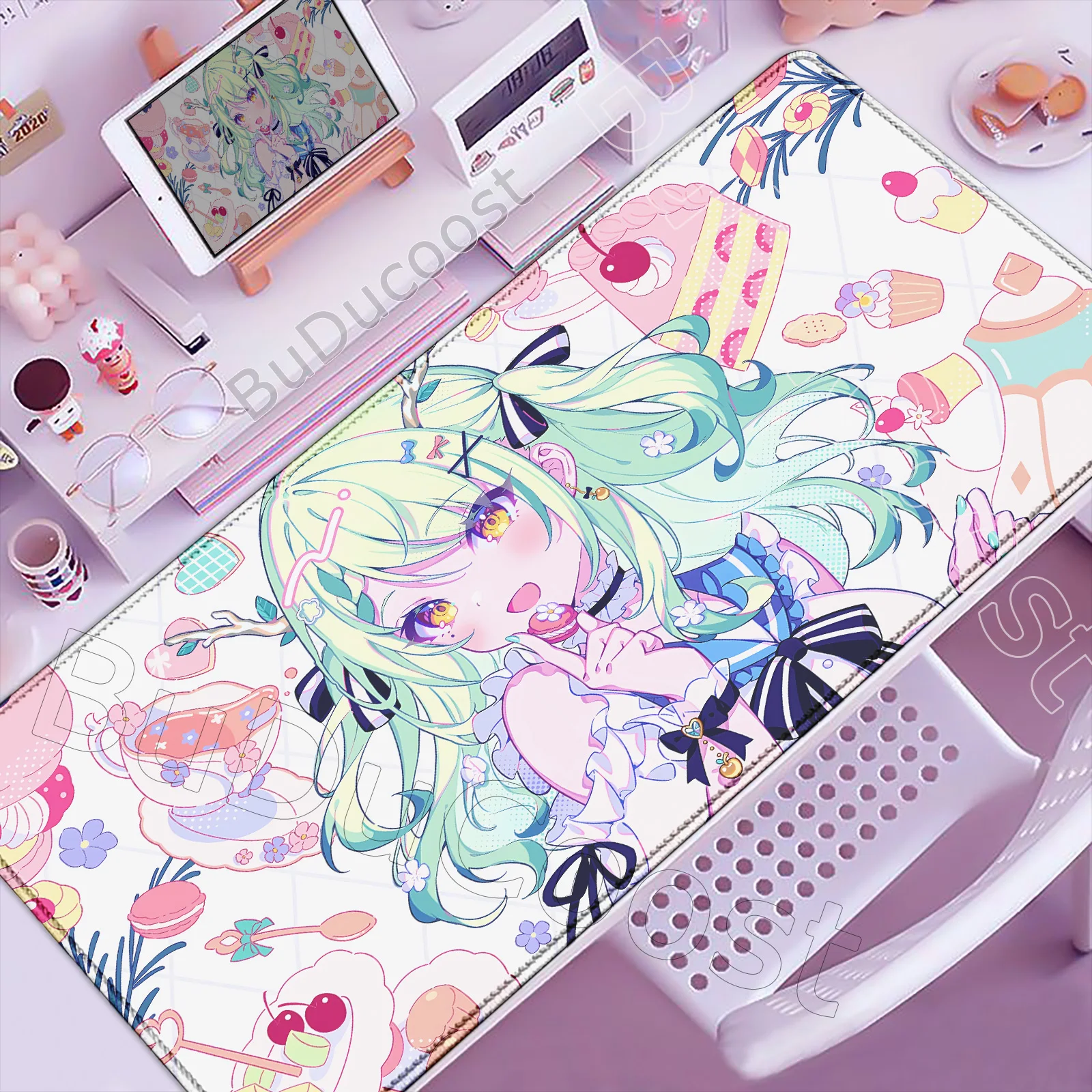Anime Mouse Pad Gamer XXL Keyboard Mat Mint Green Twin Hair Sweet Dessert Pastel Anime Girl Multi Scene Office Gaming Home Desk
