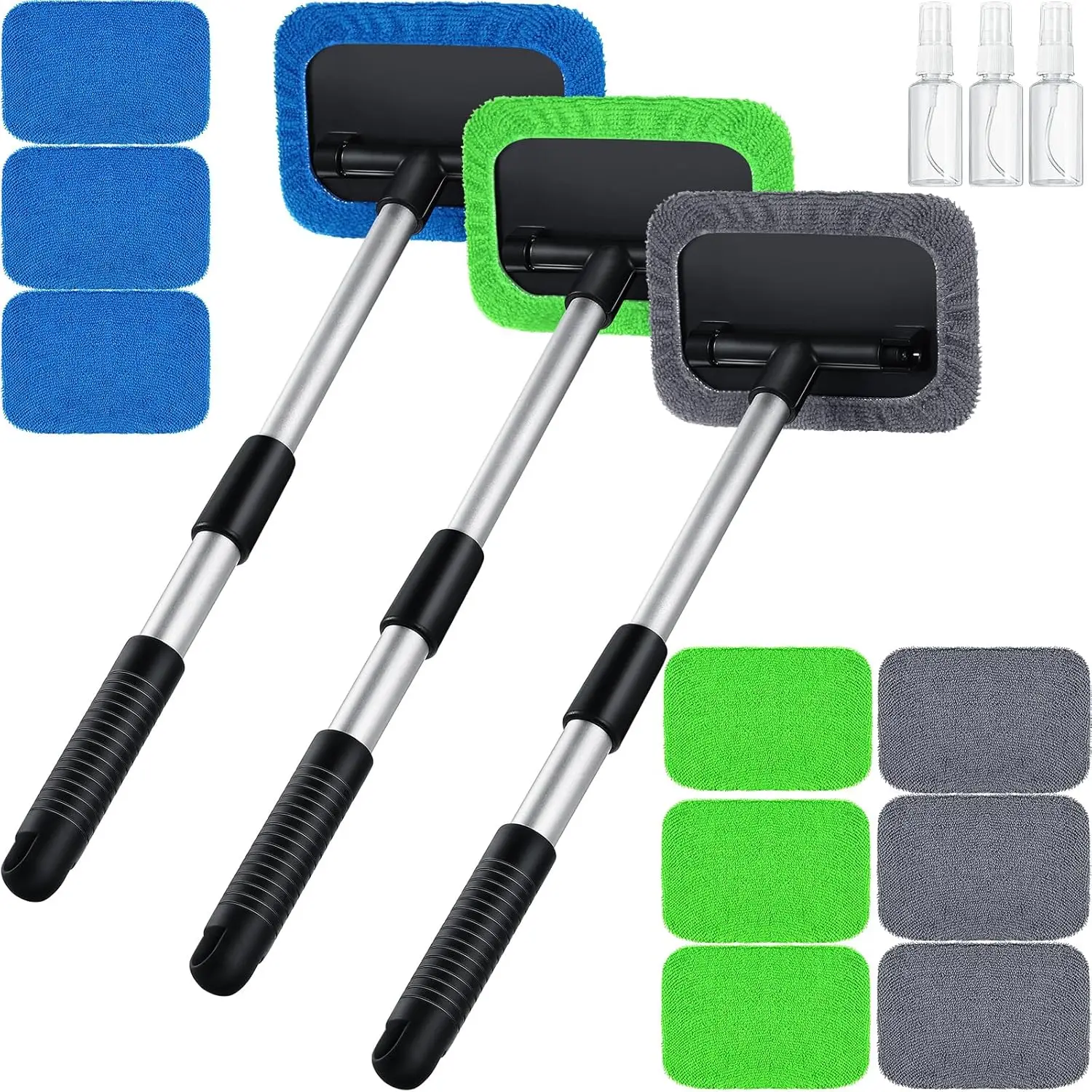 

3 Set Windshield Cleaner Tool Inside Car Window Cleaner Tool with 3 Extendable Handle 9 Reusable Microfiber Pads and 3 Spray Bot