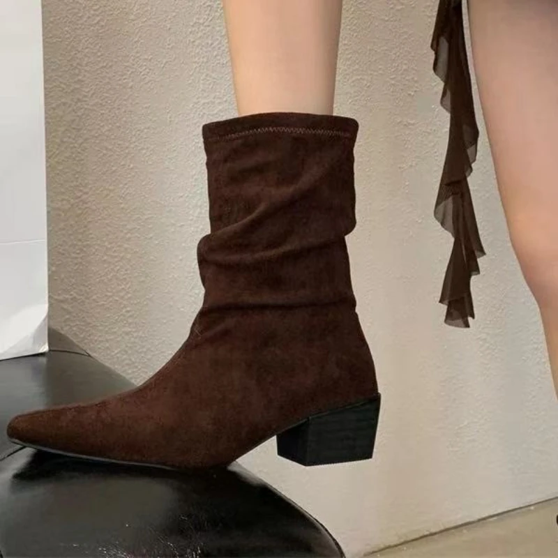 

Women Ankle Boots Suede Pointed Toe High Heels Shoes Sexy Chunky Elegant 2025 Winter Brand Heeled Shoes Party Woman Dress Pumps