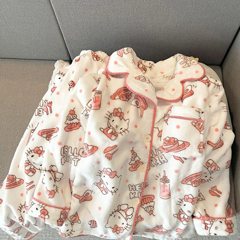 

New Sanrio Hello Kitty Plush Flannel Pajama Set Japanese Style Students Cute Kitty Warm Loungewear Set Holiday Gifts