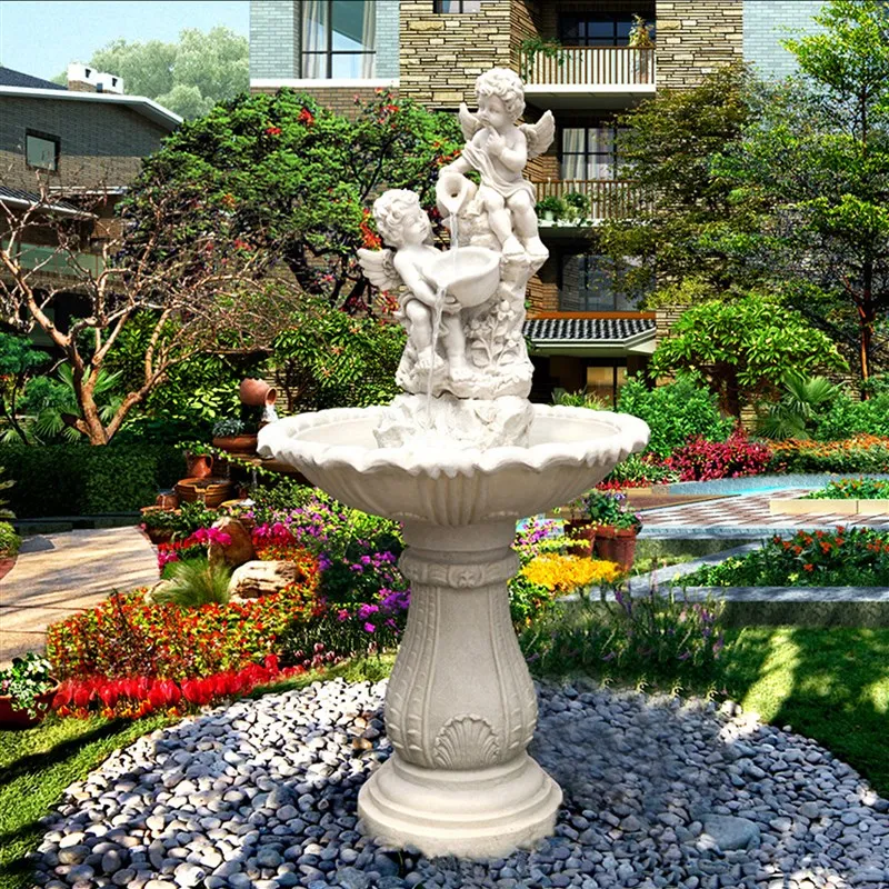 European sandstone garden fountain, outdoor courtyard landscape decoration with running water, popular cherub statue
