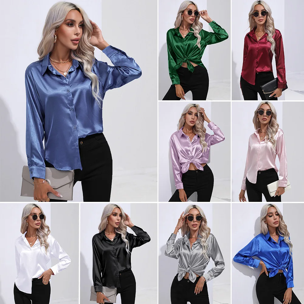 Camisa de manga larga de seda de imitación satinada para mujer, blusa con botones y solapa, color liso, ropa elegante para oficina, otoño e