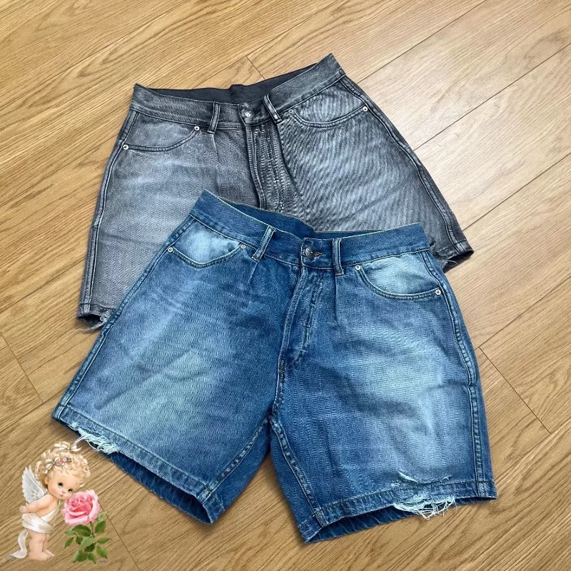

Madness Hole Damaged Denim Shorts MDNS Loose Straight Short Jeans Japanese Men Women Washed Casual Shortpant Back Pockets Tag