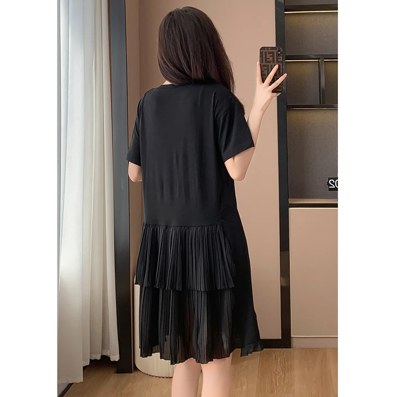 Frauen Baumwolle T-Shirt Kleid Sommer weiblich o Hals Kurzarm groß elegant eine Linie Chiffon falte schwarz knielange Vestidos