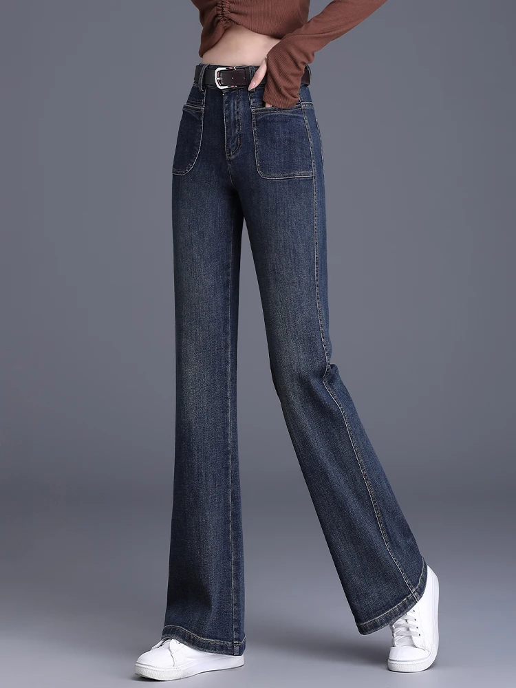 

Retro Blue Straight Leg Jeans Women's Spring Autumn Loose Slimming Large Size Narrow Version Wide Leg Pants Casual Cotton Str...