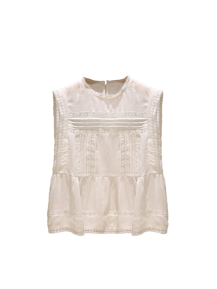 เสื้อเวสต์ผู้หญิงผ้าลูกไม้สีขาวแบบโปร่ง ดีไซน์แฟชั่นฤดูร้อน ระบายอากาศได้ดี สวมใส่สบาย ทรงตรง