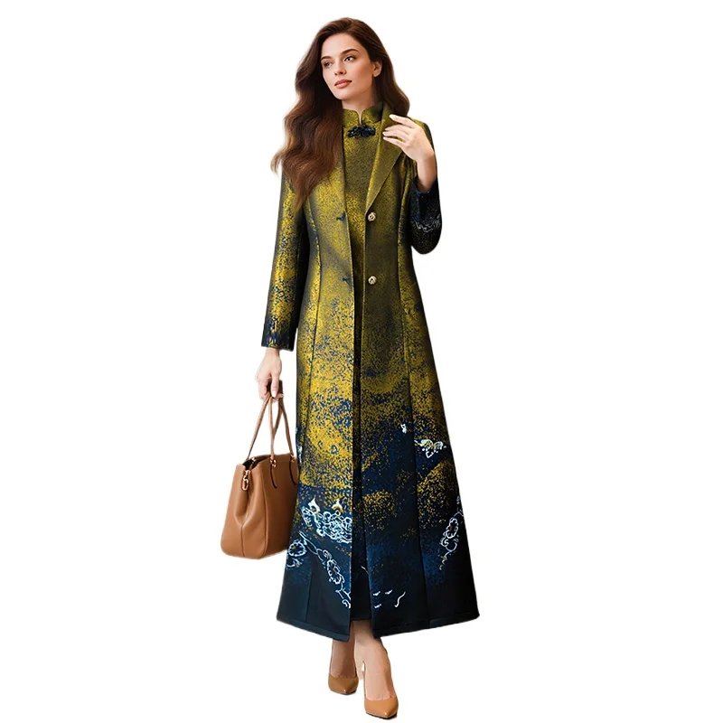 

Spring Autumn Jacquard Long Coat Trench Flora Golden Jacket Single Breasted Women Fashion Windbreaker Overcoat Vintage Runway