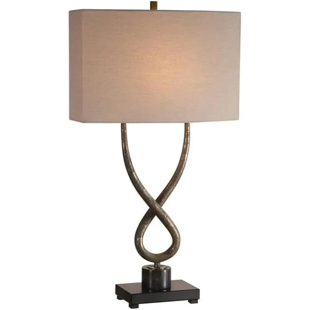 Steel and Marble Table Lamp, 30.25 Height, Aged Silver with Charcoal, Black Marble Base, Light Beige Linen Shade, Suitable for E