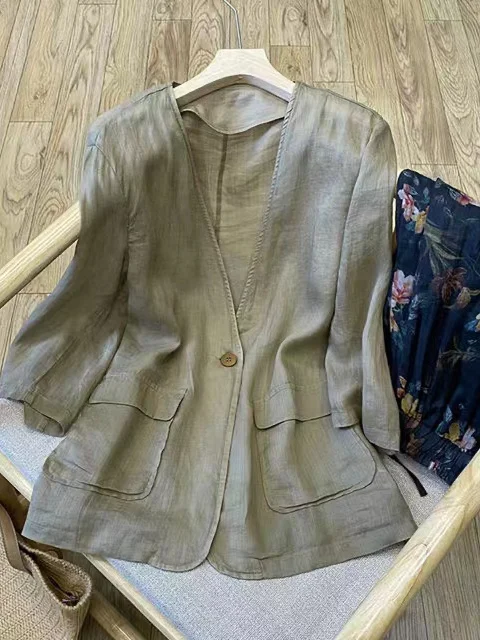 High-End Women's Summer Linen One-Button V-L ort-Sve Skinny Fit Coat Thin Long Sve Classic Bla Workwear
