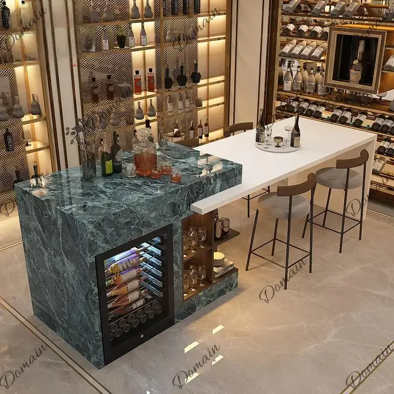 ER Any Size Custom Premium Marble Kitchen Island Set Integrated Dining Table Wine Refrigerator LED Lights 2 Layer Storage Art Sc