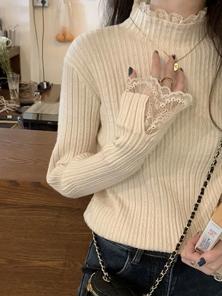 

Spring Autumn Knit Top Women Lace Trim Sweater Long Sleeve Slim Fit Half Turtleneck Elegant Pullover Casual Fashion Blouse Tops