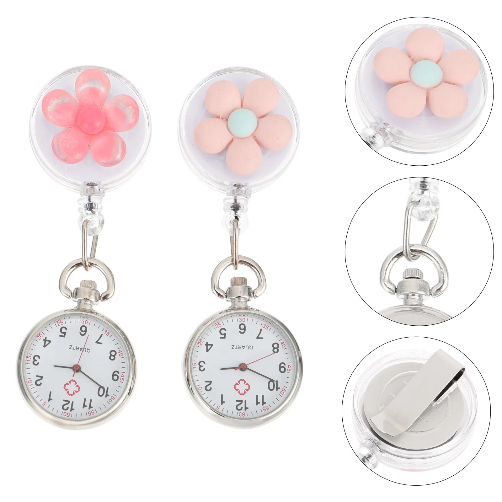 2pcs Flower Pattern Pocket For Nurses Clip-On Nurse Watch Retractable Quartz Movement Portable Fob Watch For Doctors Women
