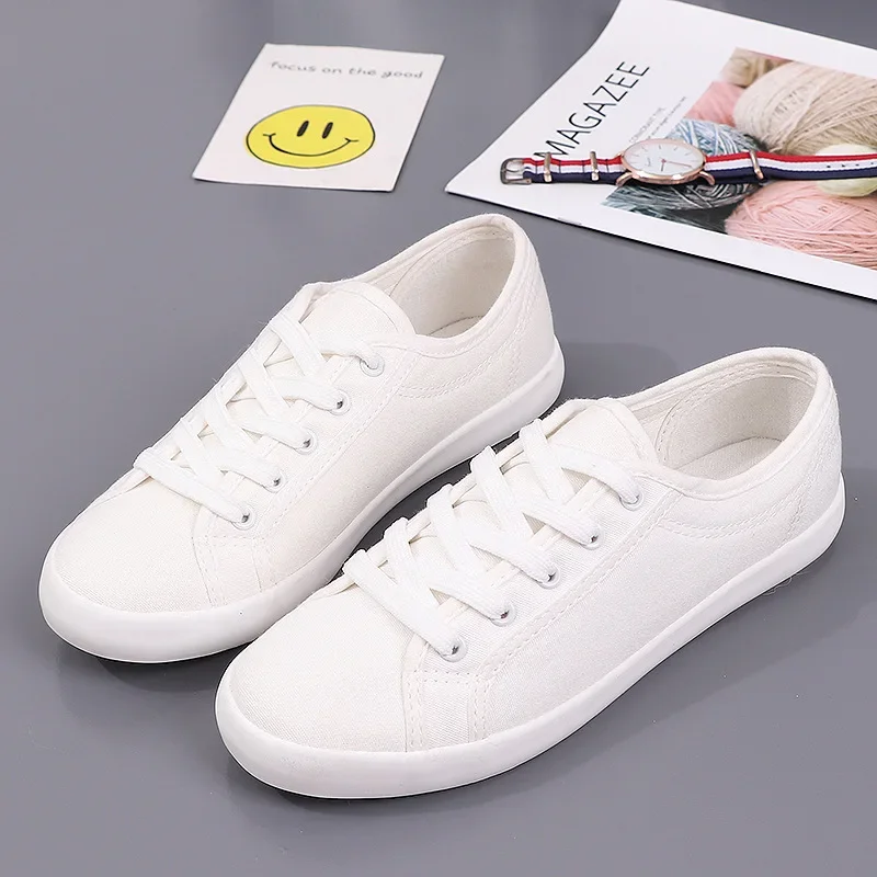 Unisex White Canvas Shoes Casual Summer Vulcanized Shoes Lace-up Students Cloth Shoe Women\'s Flats Sneakers Women Board Shoes