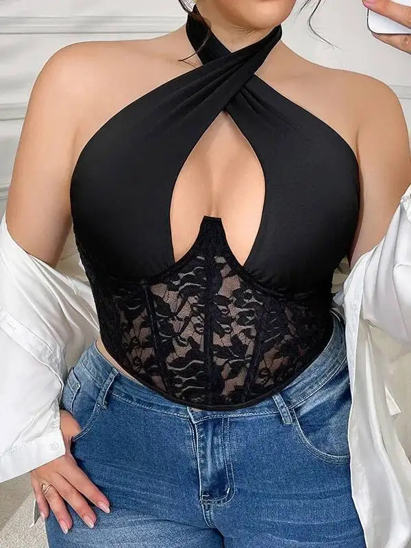 New Plus Size Sexy Lace Patchwork Halter Underwire Fishbone Bra Hanging Neck Off-the-shoulder Mesh Top Mesh Transparent NEWA